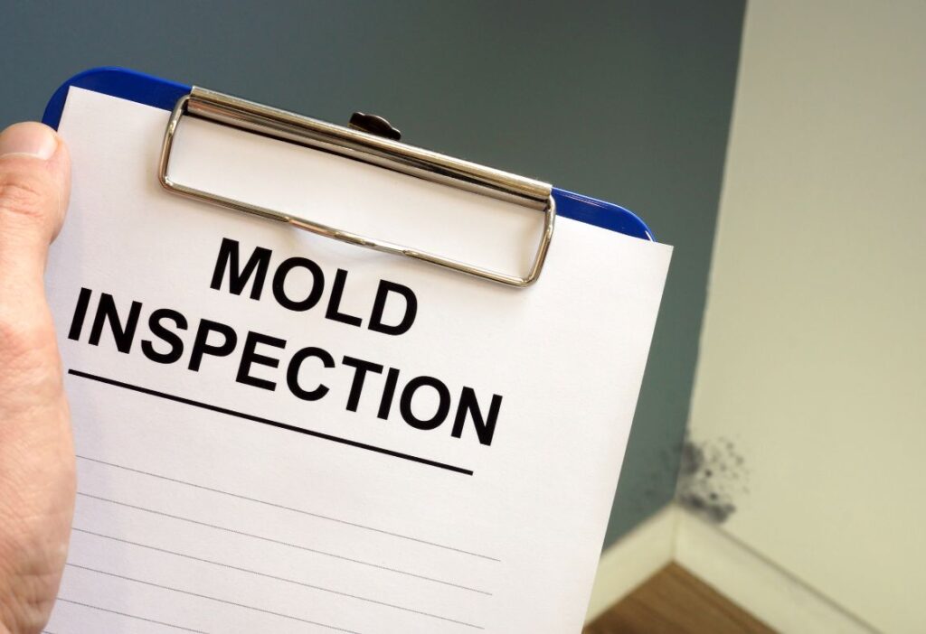 a clipboard with a piece of paper that says mold inspection for mold symptoms and allergies